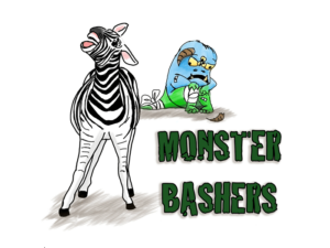 In the foreground, a triumphant zebra faces the camera braying. Behind it, a blue and green monster covered in bandages sulks. The image is captioned Monster Bashers